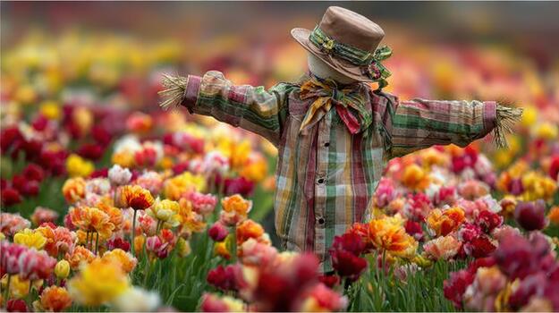 un espantapájaros soportes alto en un campo brillante con suave, vistoso flores rústico mirar. foto