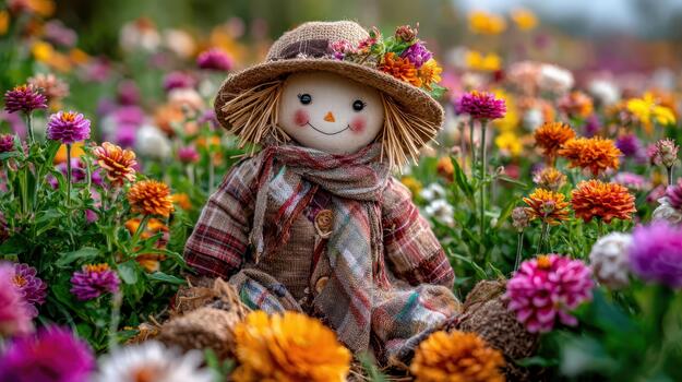 A charming scarecrow stands in a field dotted with bright, blooming flowers rustic watch. photo