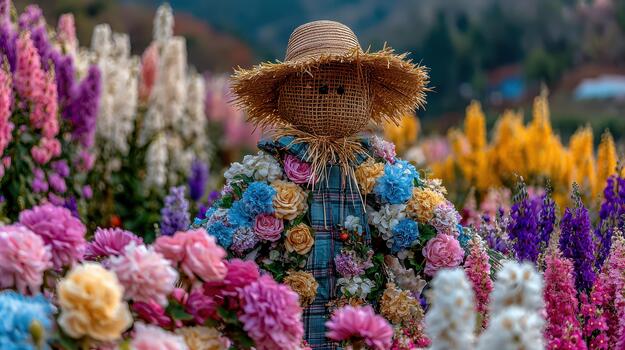 flores floración salvajemente alrededor el espantapájaros, relleno el campo con color prado guardián. foto