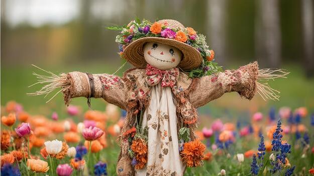 un espantapájaros soportes tranquilamente en un campo lleno con flores de muchos matices campo centinela. foto