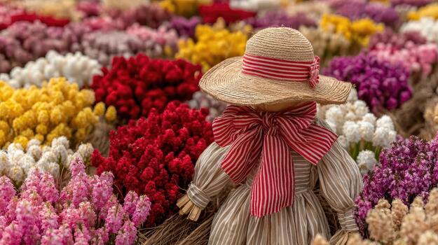 un espantapájaros soportes tranquilamente en un campo lleno con flores de muchos matices rústico mirar. foto