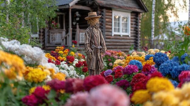 A scarecrow stands framed by flowers, creating a rustic, colorful view field sentinel. photo