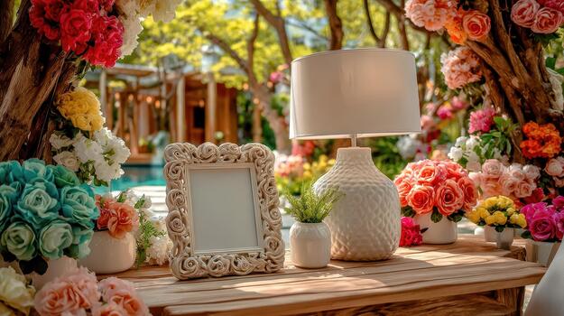 Blooming flowers create a serene frame around the wooden table's lamp serene shine. photo
