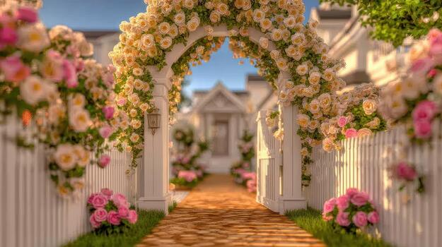 An arch of climbing roses transforms the garden gate into a romantic haven enchanted gateway. photo