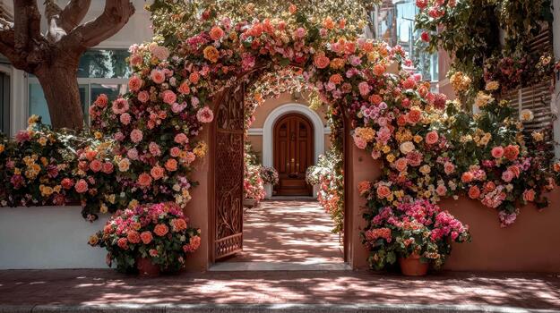 Blossoms spill around the gate, creating a colorful arch full of charm enchanted gateway. photo