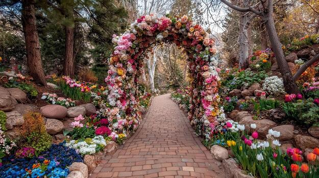 A burst of color forms an enchanting arch above the garden's entrance gate enchanted gateway. photo