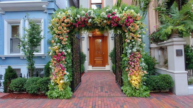 The charming gate gleams softly beneath a freshly arranged floral arch enchanted gateway. photo