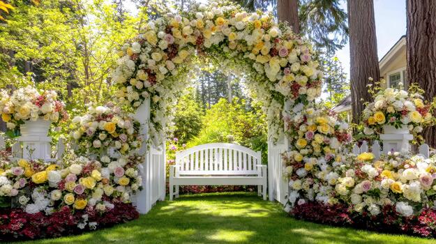 A soft arch of petals turns the simple garden gate into a delicate focal point enchanted gateway. photo