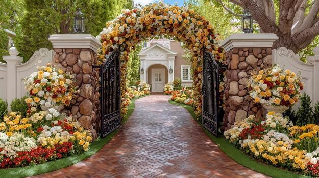 Flowers climb upward in a curve, shaping a vivid arch above the gate enchanted gateway. photo