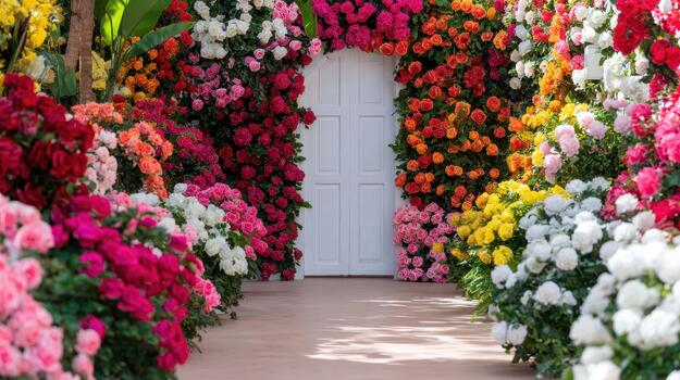 Flowers climb upward in a curve, shaping a vivid arch above the gate blossom portal. photo