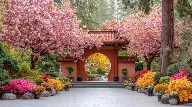 Blossoms embrace the gate, shaping an arch filled with lively colors enchanted gateway. photo