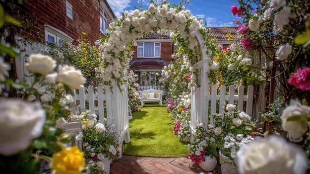An arch of fragrant roses crowns the garden gate with elegance enchanted gateway. photo