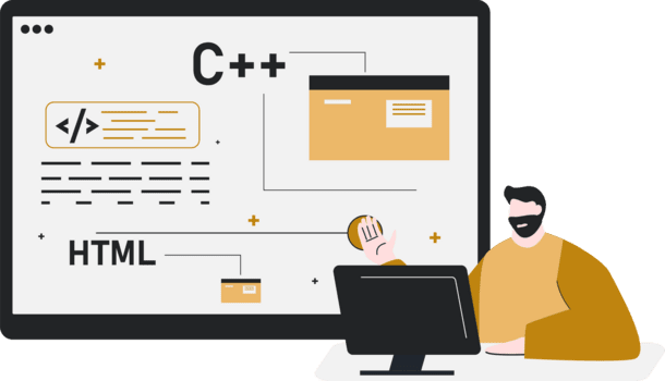 Man Explaining Web programming. Male showing screen computer programmer software coding language. png