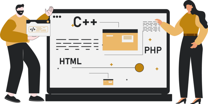 Group discuss developer backend programmer is explaining coding line, showing screen laptop coding software png