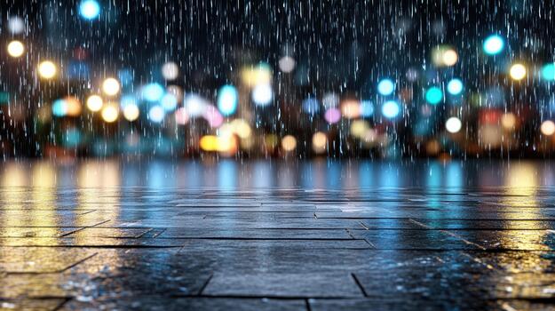Wet city street at night with rain and colorful bokeh lights reflecting on pavement photo