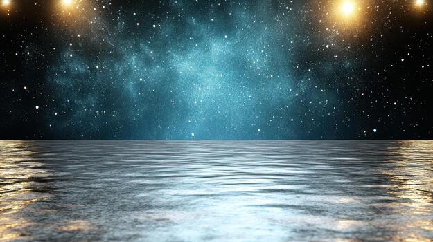 Sparkling starry sky over calm reflective ocean with warm lights and serene mood photo