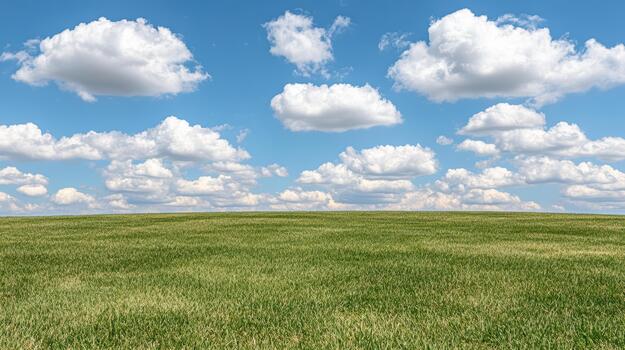 Green meadow under fluffy cloud sky, serene open field and bright blue horizon photo