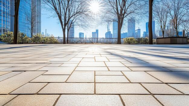 iluminado por el sol pavimentado plaza con largo árbol oscuridad y distante ciudad horizonte foto