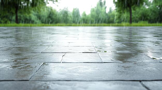 Wet stone pavement reflecting rain and green trees in calm park photo