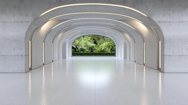 Arched concrete tunnel with open view of green forest and soft lighting photo