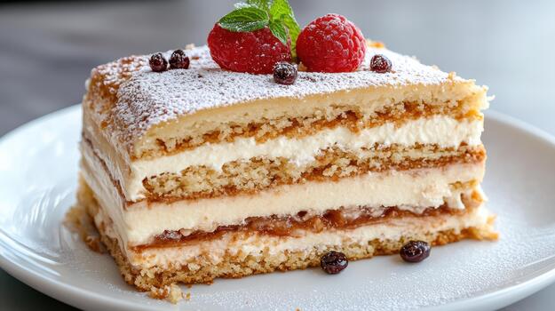 Cream layered sponge cake slice dusted with powdered sugar and topped with raspberries and mint photo