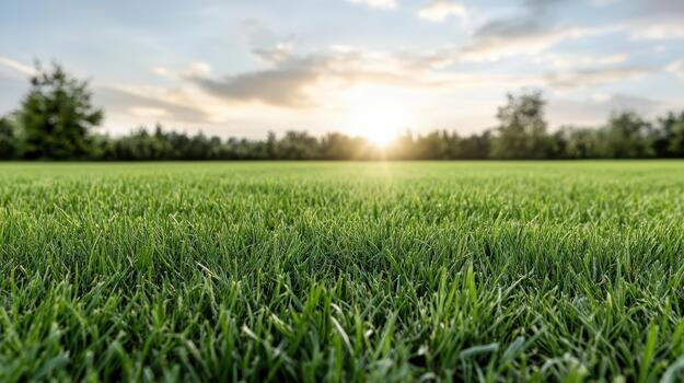 verde césped campo amanecer con suave brillante luz de sol y distante árbol línea foto