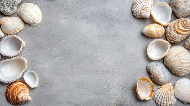 Seashell shell gray concrete beach background with empty center space, calm coastal mood photo