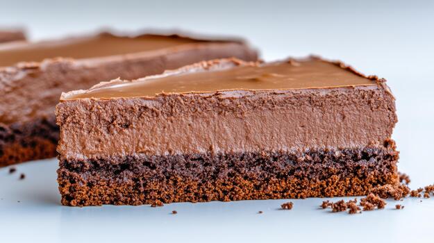 Dense chocolate cake crumb blank smooth center silky chocolate mousse slice with glossy ganache photo
