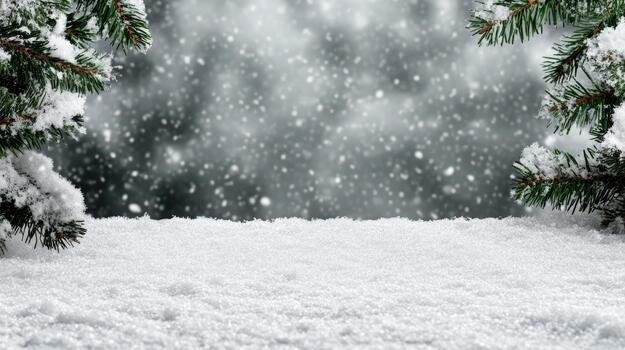 Nevado pino ramas marco Fresco campo de nieve con que cae copos de nieve, sereno invierno escena foto