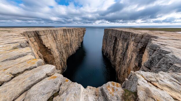 dramático costero acantilado abismo con tormenta nubes y profundo Oceano canal, temperamental atmósfera foto