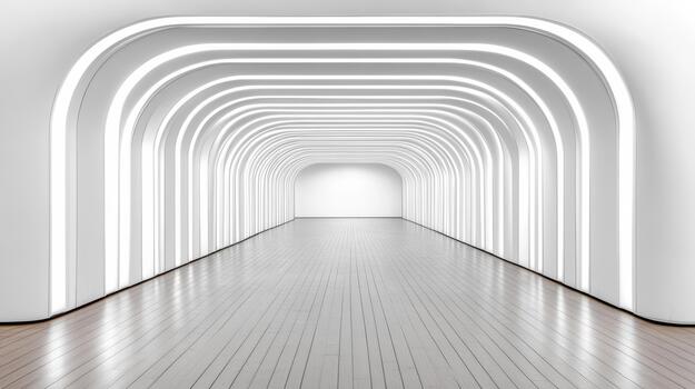 Modern white arched corridor with glowing linear lights and wooden floor, minimal futuristic photo