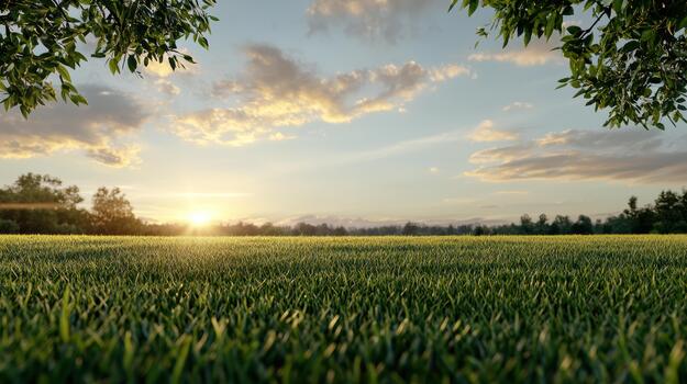 Sunset grassy field serene horizon with golden light and leafy frame photo