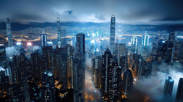 Hong kong skyline at night with fog and clouds photo