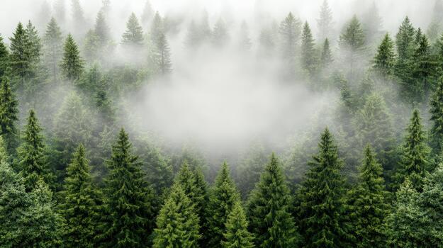 Foggy forest background with pine trees and fog photo