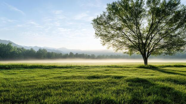 A tree in a field with fog and mountains in the background photo