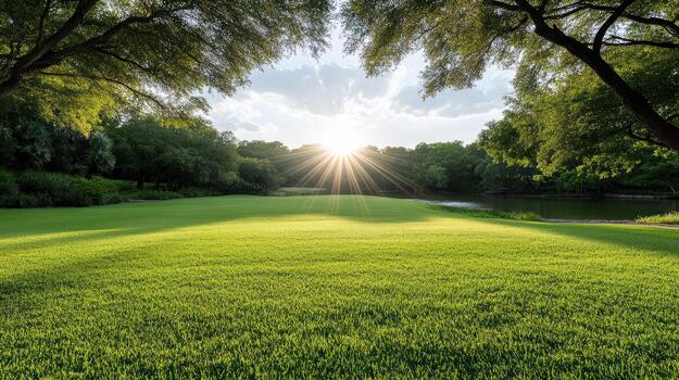 A grassy field with trees and a sun shining photo