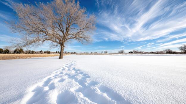 Lonely tree winter field blue sky with sweeping clouds and footprints in snow photo