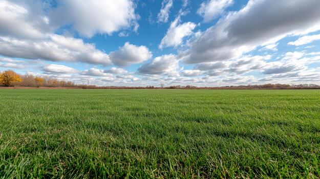 Early winter field open sky with dramatic clouds and vibrant green grass photo