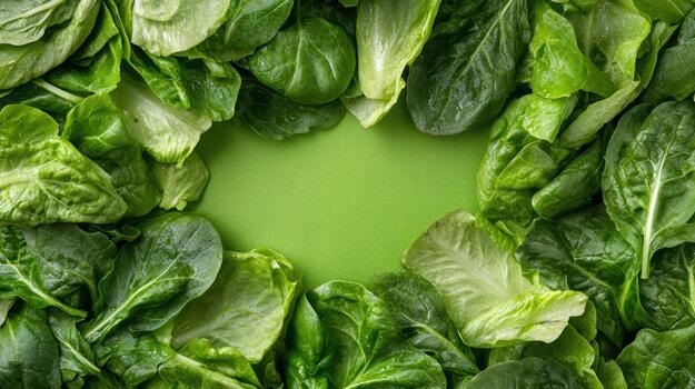 A circle of green leaves is shown in the center of the frame photo