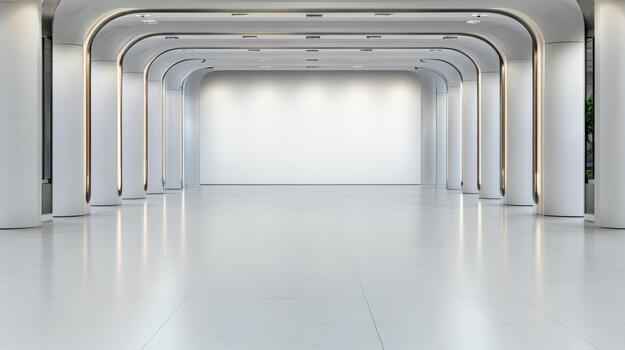 Spacious modern empty gallery hall with arched columns and soft lighting photo