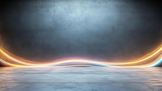 Glowing light wave on empty concrete floor with dramatic mood photo