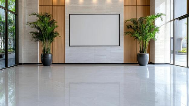 Elegant hotel lobby with potted palms and large blank wall frame photo