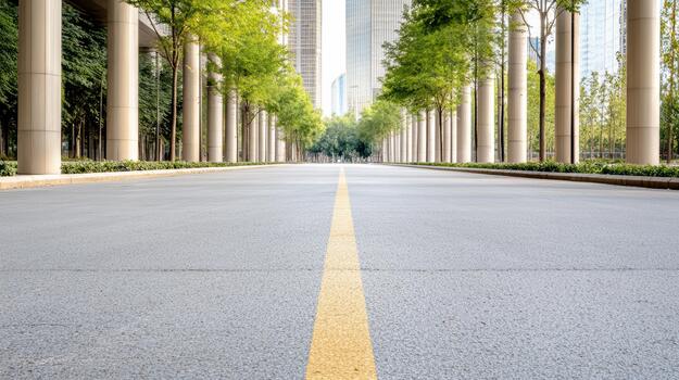 vacío urbano avenida forrado con arboles y columnas, desvanecimiento amarillo centrar línea evoca calma foto