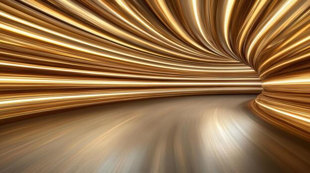 Golden curved tunnel with smooth reflective floor and flowing light lines photo