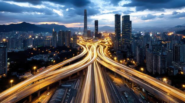Evening city highway interchange with light trails and skyscraper skyline photo