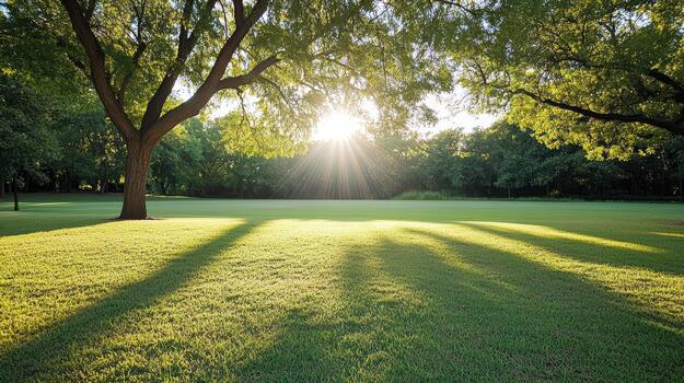 iluminado por el sol árbol césped oscuridad radiante noche Dom rayos creando sereno parque escena foto