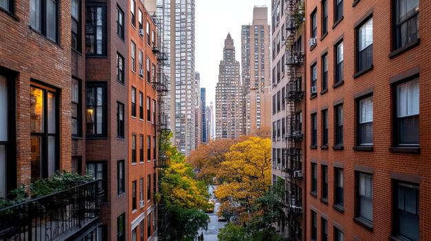 A view of a city street with tall buildings and trees photo