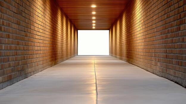 Brick tunnel corridor with warm ceiling lights and glowing exit photo