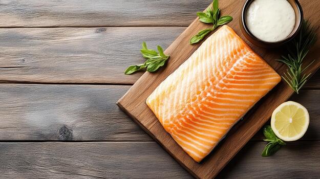 Salmon fillet on wooden board with herbs and lemon, creamy sauce and rustic background photo