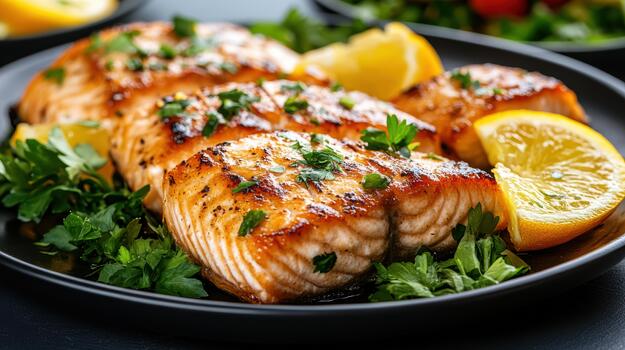 Grilled salmon fillet with lemon slices and parsley garnish on plate, savory appeal photo